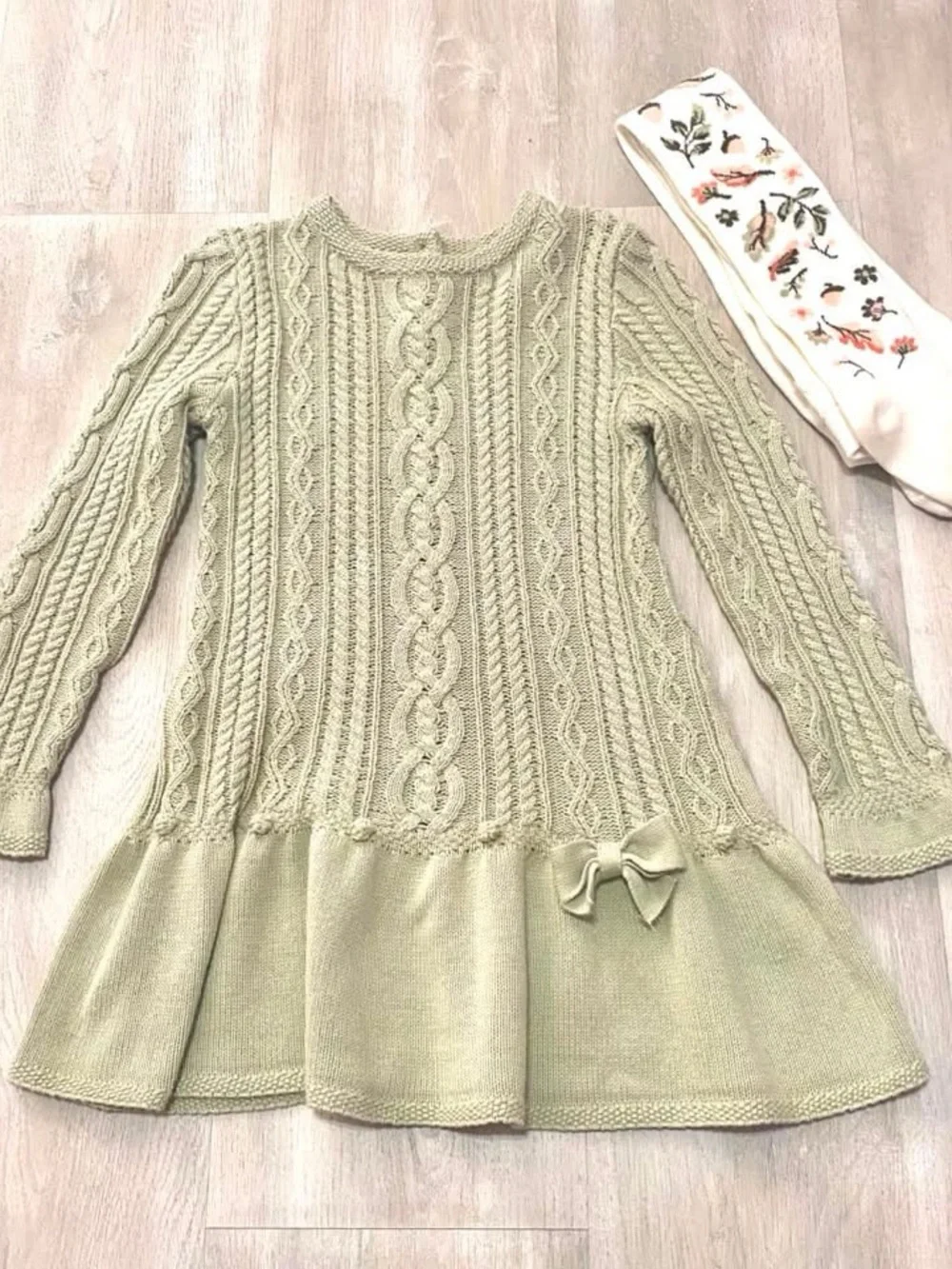 Girls Knit Cable Sweater Dress with Bow - Sage Green
